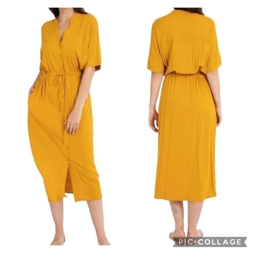 Rokoko Button Front Tie Waist Short Sleeve Midi Dress Pocket Mustard Yellow Sz M